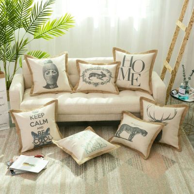 Woven sofa cushion cover Nordic retro black and white letters figure cotton and hemp printing pillow animal pattern hemp rope woven sofa cushion cover