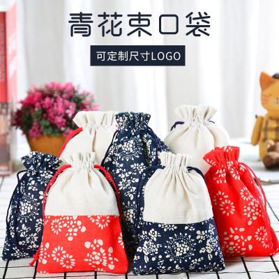 Blue and white porcelain traditional folk style drawstring pocket linen bag cotton bag storage bag in small assorted cleaning bag