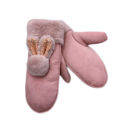 Suede cartoon full finger gloves ladies winter plush rabbit ears warm gloves lovely riding gloves