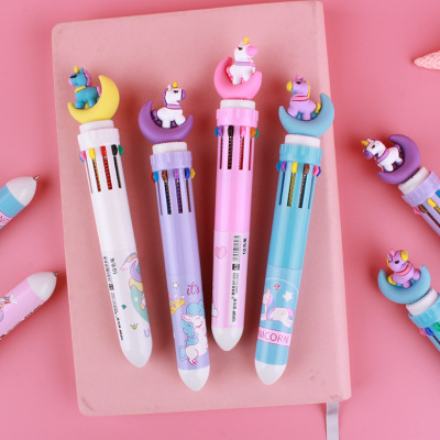 Korean creative cartoon multi-color ballpoint pen moon unicorn 10 color press ballpoint pen multi-color pen batch