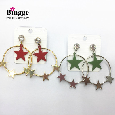 Korean Temperament New round Metal Hollow Five-Pointed Star Hoop Earrings Ear Stud Female Yiwu Small Commodity Ornament