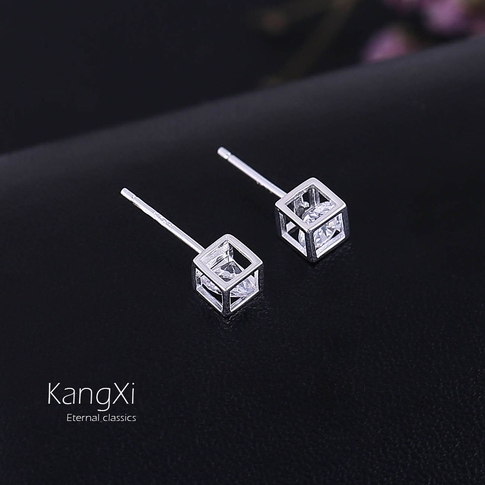 s925纯银镂空立体方块锆石女款耳钉耳饰防过敏日韩简约饰品代发