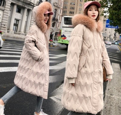 Down cotton-padded women's long, thickened and loose long fur collar and hat slim
