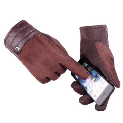 Large wavy pattern with fleece warm driving gloves non-slip gloves for men's suede glued touch screen gloves wholesale