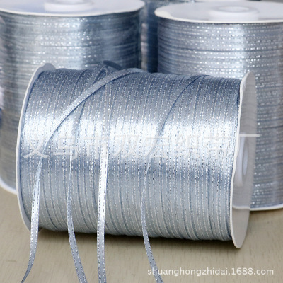 Fashion Gray Silver Edge Ribbon DIY Polyester Double Silver Portable Belt Creative Mesh Sponge Ribbon Factory in Stock Wholesale