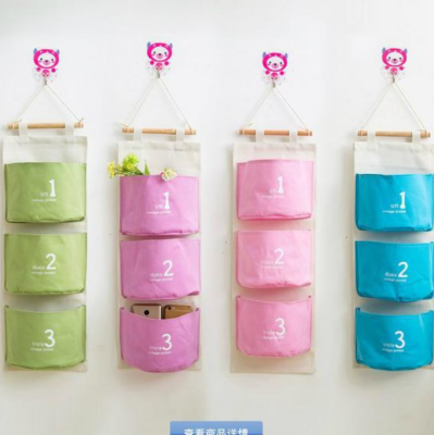 Cotton and Linen Digital Ditty Bag Cloth Storage Bag behind the Door Three Pockets Hanging Bag Storage Bag