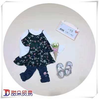 Girls' set 2018 autumn style children's wear three pieces of trousers with check suspenders for female babies retro set