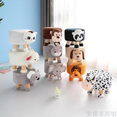 Creative cartoon real wood stool family plush four-foot round stool sofa small bench for children animals shoes stool