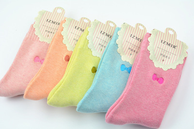 Warm women's socks winter embroidered bowknot woollen loop socks women's socks in cotton   terry towel socks