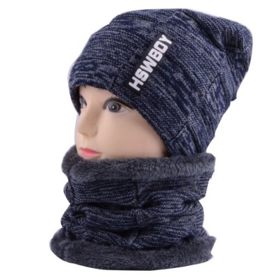 Men's thickened woolen hat set - Korean version of monogrammed knitted hat and neck set