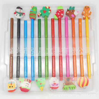 12 Christmas cartoon Eraser pencil Stationery Set School Supplies Children's stationery