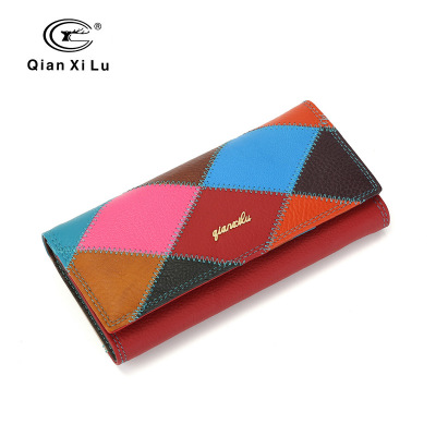 Brand long color ringer stitching leather wallet female foreign trade first layer cowhide wallet female bag amazon