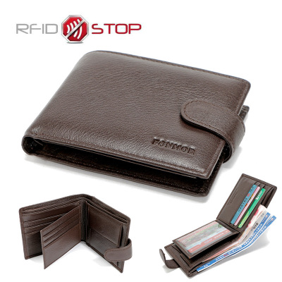 RFID head layer leather wallet leather buckle wallet men's short anti - theft swiping wallet source