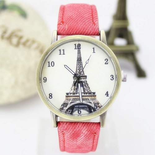 new korean fashion student watch retro eiffel tower denim canvas belt men and women couple watch