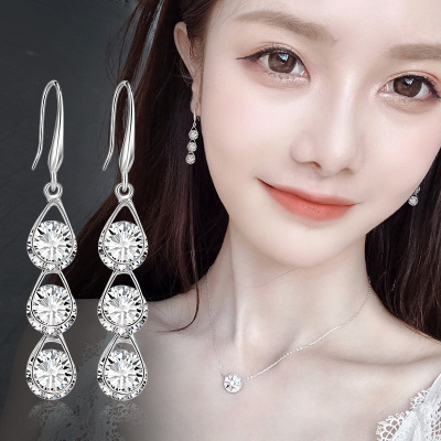 S925 silver anti-allergy eardrop temperament in the long thin face earrings simple fashion Japanese and Korean web celebrity joker earrings