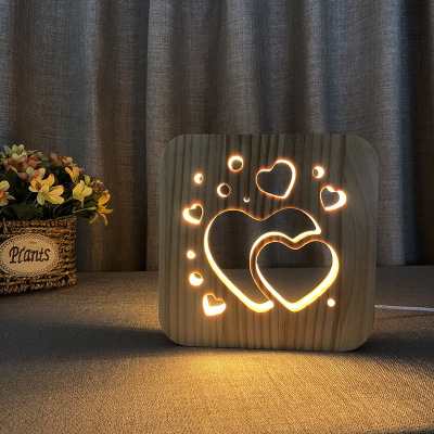 Cross-border valentine's day two hearts small night light custom creative Nordic wood lamp wooden hollow small 
