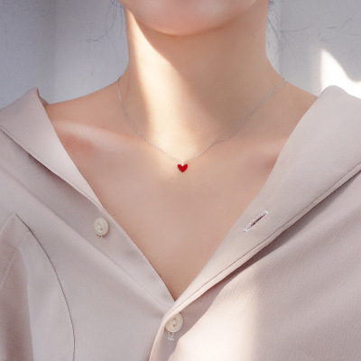 The Small red heart necklace s925 pure silver lady simple clavicle chain rose gold