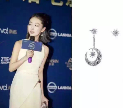 S925 sterling silver zhou dongyu with sterling silver AB earrings asymmetrical stars and moon fashion accessories woman