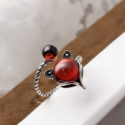 S925 pure silver Thai silver ring women's vintage do old inlaid garnet red fox carnellus ring