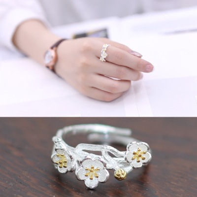 925 pure silver ring flower twig is opening can adjust the the original checking silver ornaments female style gifts