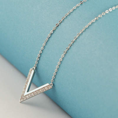 925 pure silver genuine product simple Japanese V letter necklace short collar bone chain neck pendant