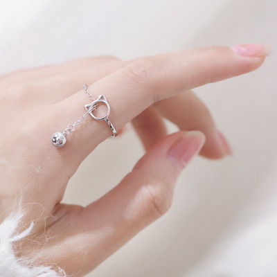 The 925 pure silver cute cat bell index finger ring girl simple little fresh creative opening ring students jewelry trend