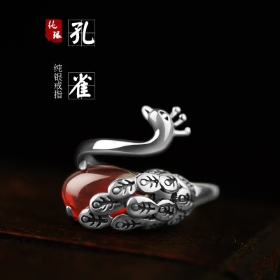 S925 pure silver ring ladies Chinese style garnet rich peacock opening adjustment Thai silver ring gift
