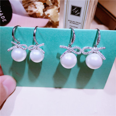 S925 silver bow pearl ear hook micro inlaid with diamond sweet temperament joker earrings