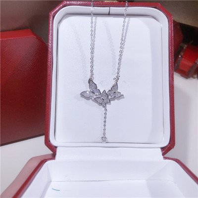 Japanese and Korean genuine diamond butterfly necklace female S925 pure silver butterfly love flower collarbone chain trend simple fashion