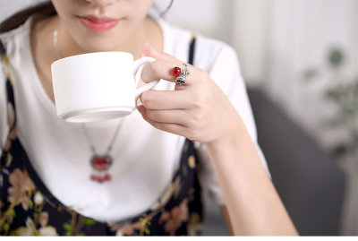 925 pure silver lucky cat bell red garnet ring lady crystal opening simple personality ring