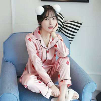 Large size pajama lady ice silk sweet strawberry girl soft long sleeve home wear set