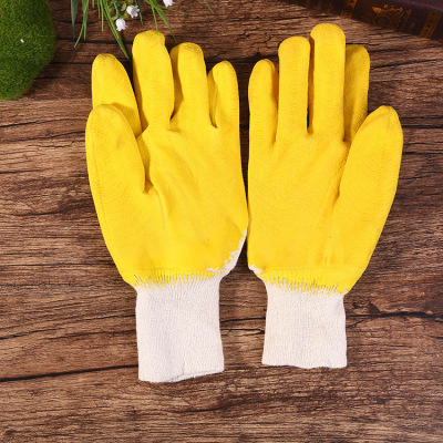 Wholesale Flannel Yellow Rubber Wrinkle Semi-Hanging Gloves Wear-Resistant Thermal Labor Protection Supplies Latex Labor Protection Gloves Factory Direct Sales