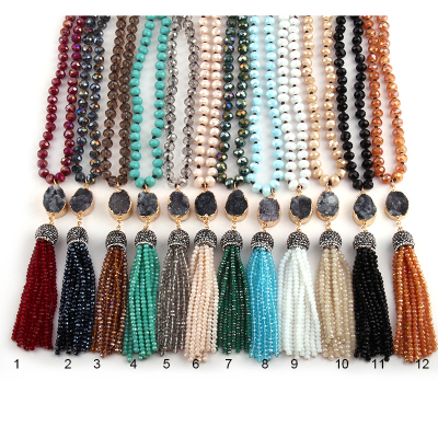 INFANTA JEWELRY Fashion Bohemian Tribal Jewelry Multi Glass Knotted Druzy Link Crystal Tassel Necklace 24 color choose