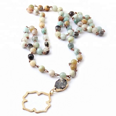 INFANTA JEWELRY Rosary Chain Amazonite Stones necklaces druzy flower Pendant Women Necklace