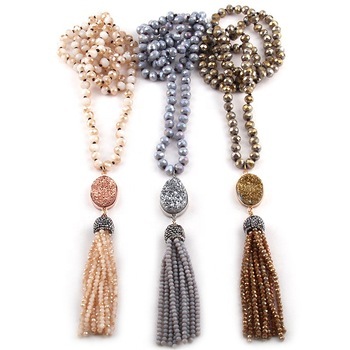 INFANTA JEWELRY Fashion Bohemian Tribal Jewelry 8mm Crystal Glass Knotted Natural Druzy Crystal Tassel Necklace