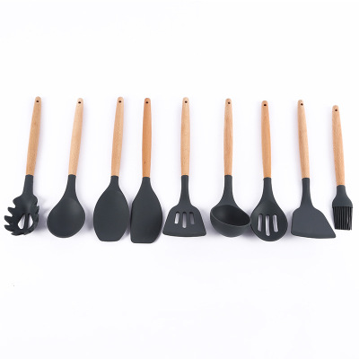 High - end simple wooden handle kitchen silicone leakage shovel leakage more powder claw brush flat head scraping spoon shovel scraper set of nine