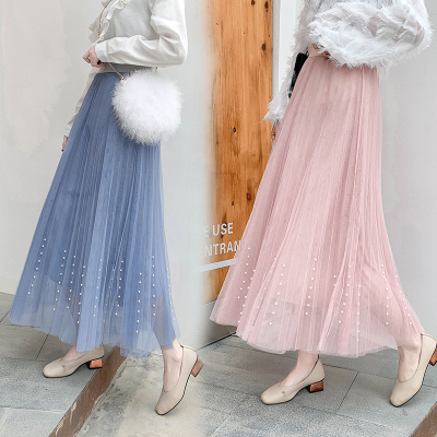 Ins super fire skirt, fairy skirt, high waist, long a-line skirt, Hong Kong style, beaded gauze skirt, soft mesh skirt