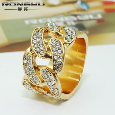 Rongyu EBay Hot Sale in Europe and America Chain Plated 18K Gold Micro Diamond Hiphop Ring Hip-Hop Hipster Ring