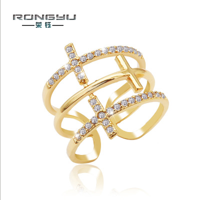 Rongyu amazon's new high end creative hand accessories Europe and the United States luxury three-layer cross micro set zircon ring
