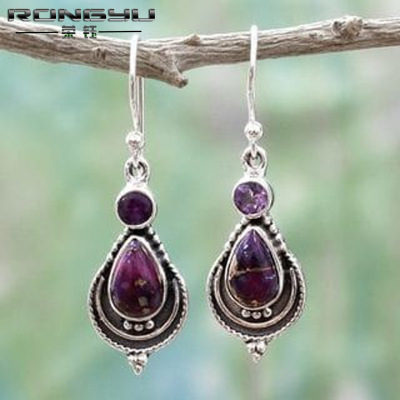 Rongyu Amazon New Vintage Thai Silver Charoite Earrings Women's European and American Fashion Purple Turquoise Eardrops Earrings