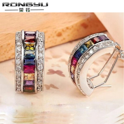 Rongyu Wish Hot Sale Jewelry Manufacturer European and American Women's Fashion Rectangular Colored Gems Rhinestone Earrings High-End Ear Clip