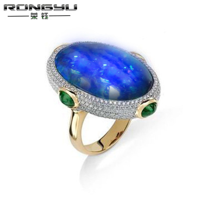 Rongyu cross-border exclusive new jewelry manufacturers luxury 18k gold flow color imitation ao bao emerald diamond ring