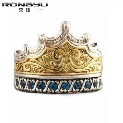 Rongyu Wish New Classic Inlaid Sapphire Crown Ring European and American Plated 18K Gold Split Two-Color Silver Accessories