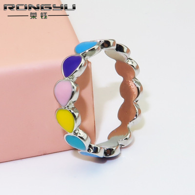 Rongyu cross-border foreign trade jewelry ring manufacturers 925 silver heart lady Korean version of romantic rainbow heart ring