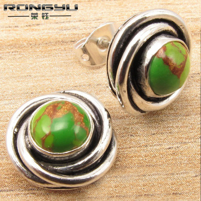 Rongyu Wish Hot Sale Earrings round Turquoise Retro 925 Silver European and American Fashion Female Earrings