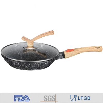 MGC die-cast aluminum marble coated induction bottom wood independent removable handle round frying pan non-stick pan