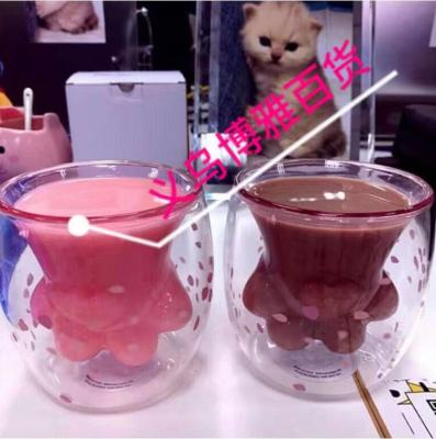 Tiktok Same Creative Gift Double Layer Cat's Paw Coffee Cup Spot Internet Celebrity Glass Couple's Cups One Piece Dropshipping