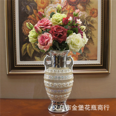 15-Inch Flower Dried Flower Arrangement Artificial Vase European-Style Silver Electroplated Diamond-Embedded Ceramic Opening Wedding Decoration Wholesale