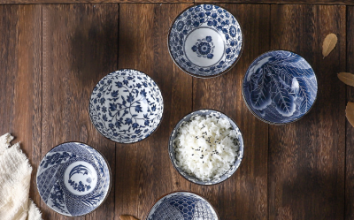 Japanese style bowl with chopsticks set, blue and white porcelain bowl, gift set