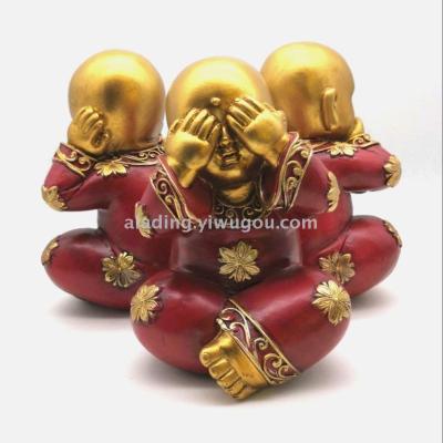 Three Unzen Style Cute Samanera Resin Crafts Buddha Statue Antique Gold Distressed Domestic Ornaments